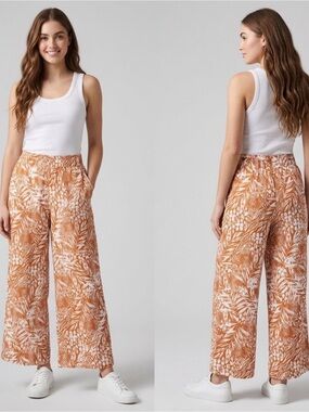 Christian Siriano 100% linen wide leg pants,‎ yellow white botanical size medium